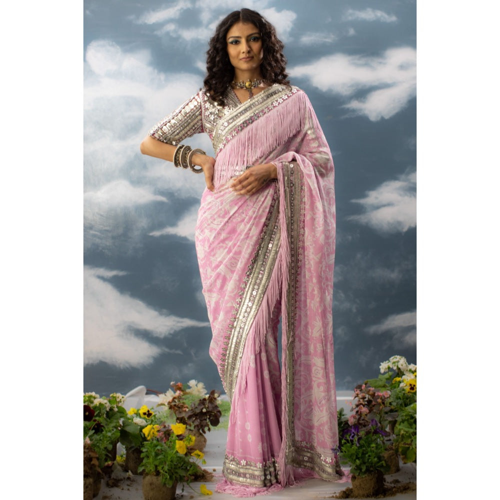 Saksham & Neharicka Lilac Pink Printed & Embroidered Saree In Chiffon with Unstitched Blouse