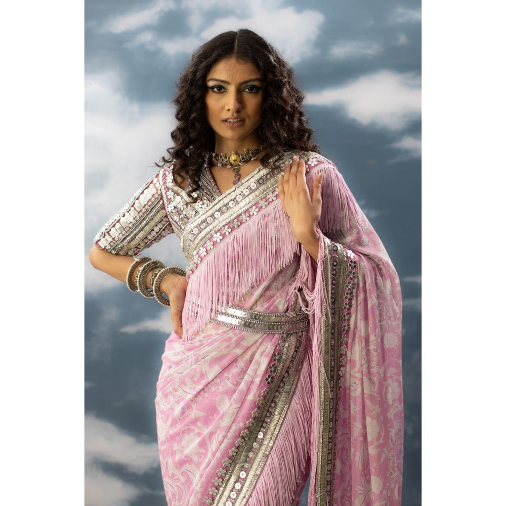 Saksham & Neharicka Lilac Pink Printed & Embroidered Saree In Chiffon with Unstitched Blouse