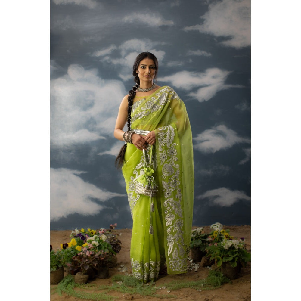 Saksham & Neharicka Green Embroidered Saree In Organza with Unstitched Blouse