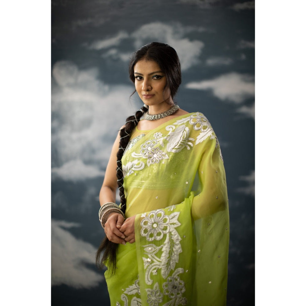 Saksham & Neharicka Green Embroidered Saree In Organza with Unstitched Blouse