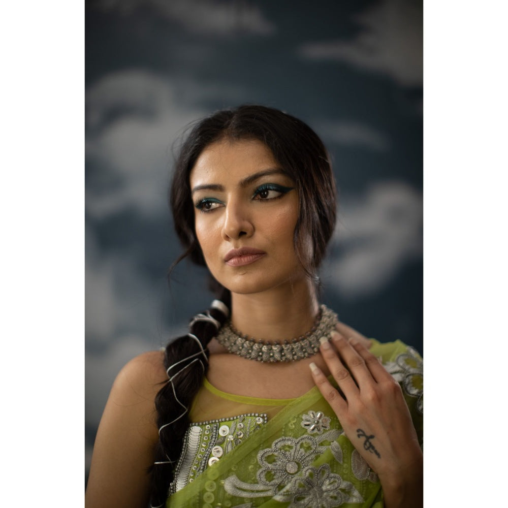 Saksham & Neharicka Green Embroidered Saree In Organza with Unstitched Blouse