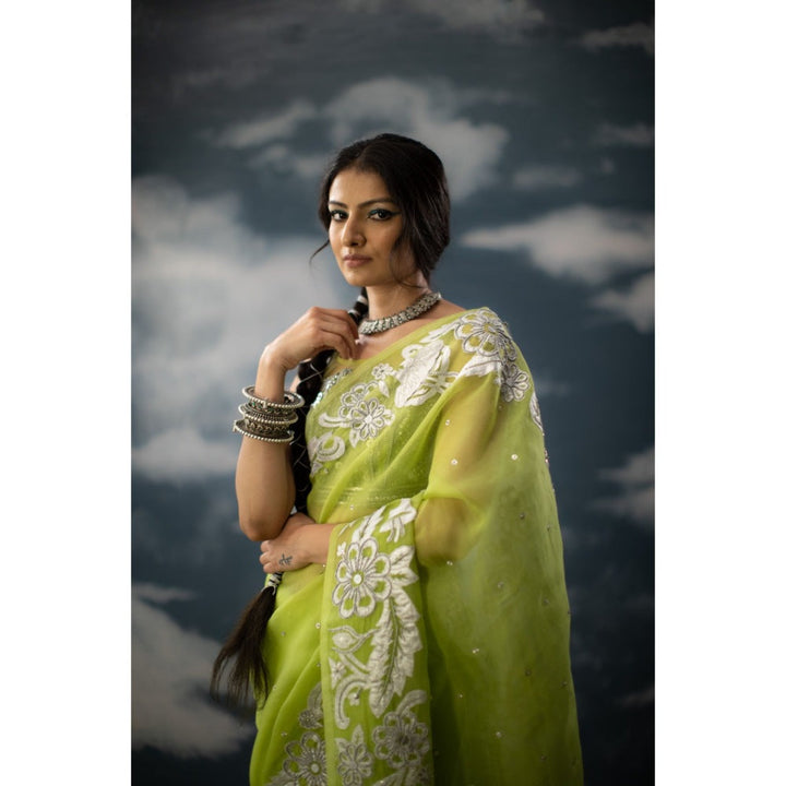 Saksham & Neharicka Green Embroidered Saree In Organza with Unstitched Blouse