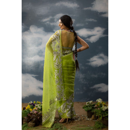 Saksham & Neharicka Green Embroidered Saree In Organza with Unstitched Blouse