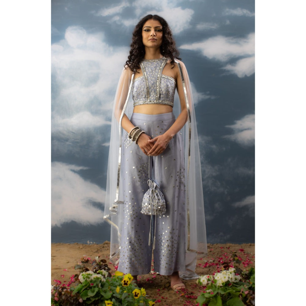 Saksham & Neharicka Blue Embroidered Indo Western (Set of 3)