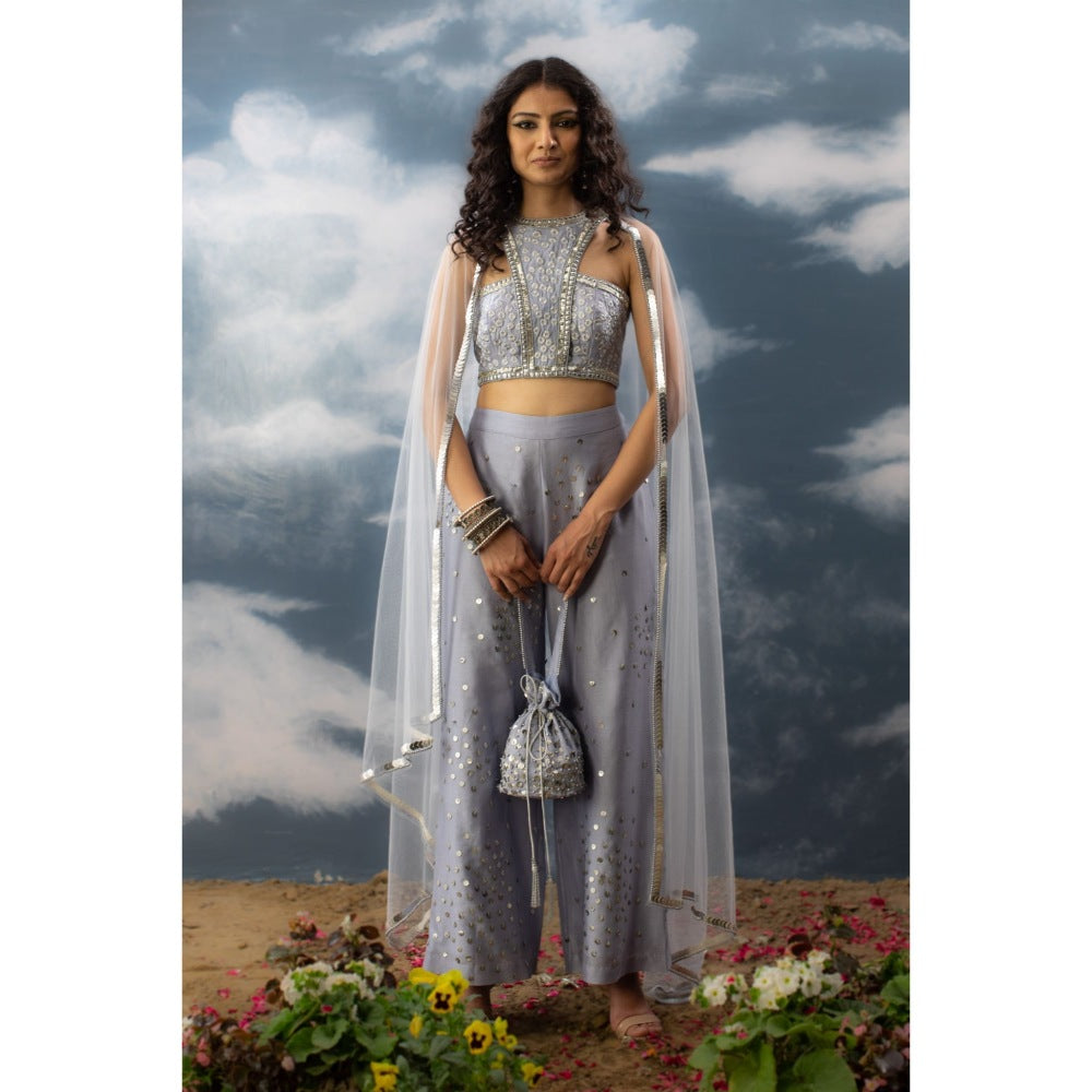 Saksham & Neharicka Blue Embroidered Indo Western (Set of 3)