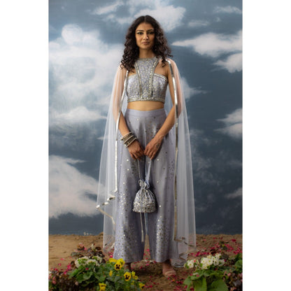 Saksham & Neharicka Blue Embroidered Indo Western (Set of 3)