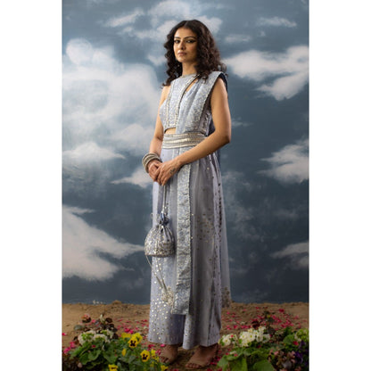 Saksham & Neharicka Blue Hand Embroidered Indo Western In Chanderi (Set of 4)