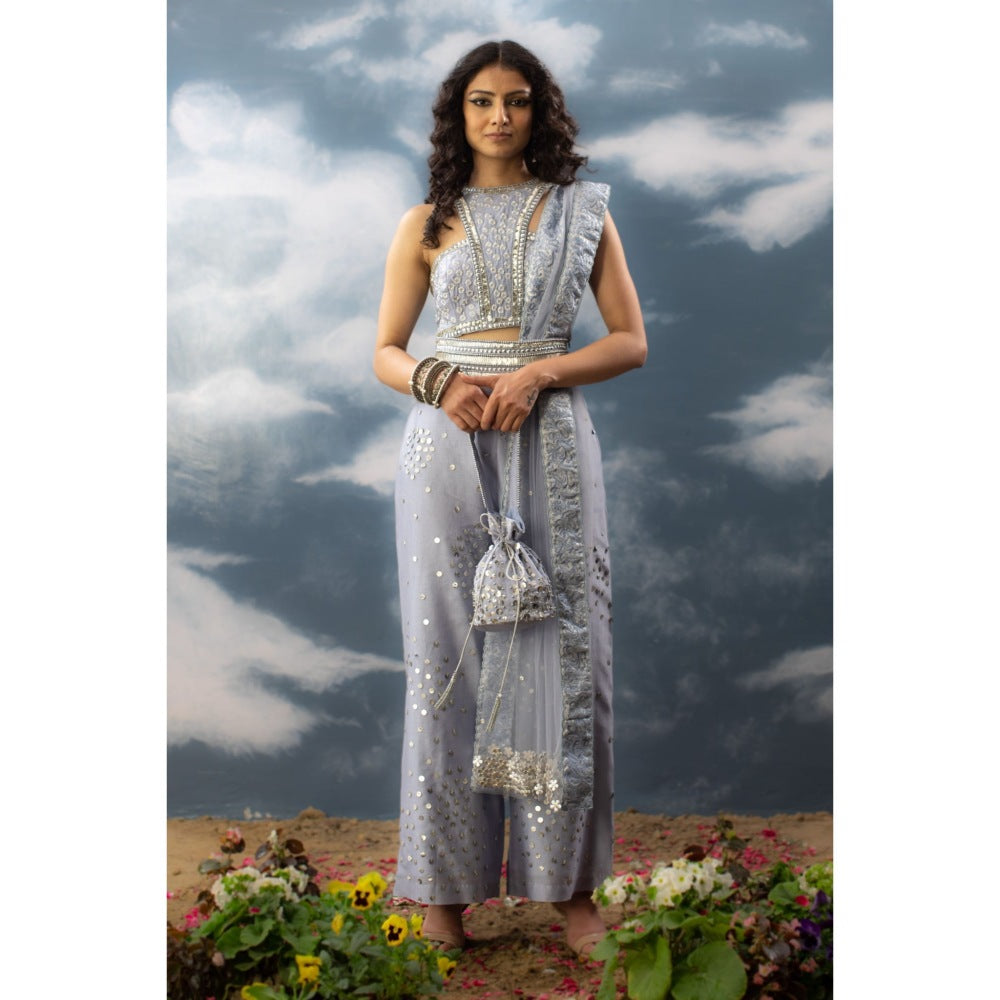 Saksham & Neharicka Blue Hand Embroidered Indo Western In Chanderi (Set of 4)