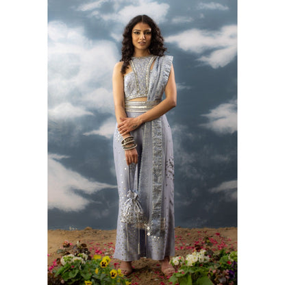 Saksham & Neharicka Blue Hand Embroidered Indo Western In Chanderi (Set of 4)