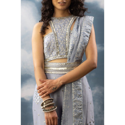 Saksham & Neharicka Blue Hand Embroidered Indo Western In Chanderi (Set of 4)