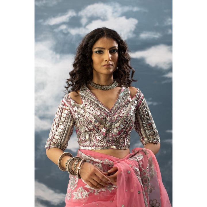 Saksham & Neharicka Pink Silver Hand Embroidered Blouse In Net-Cotton Lurex