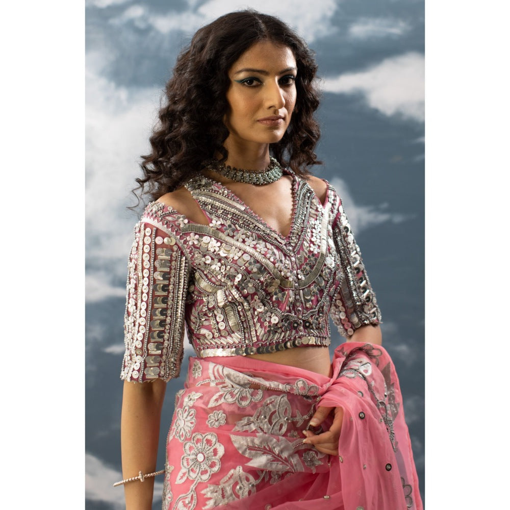 Saksham & Neharicka Pink Silver Hand Embroidered Blouse In Net-Cotton Lurex