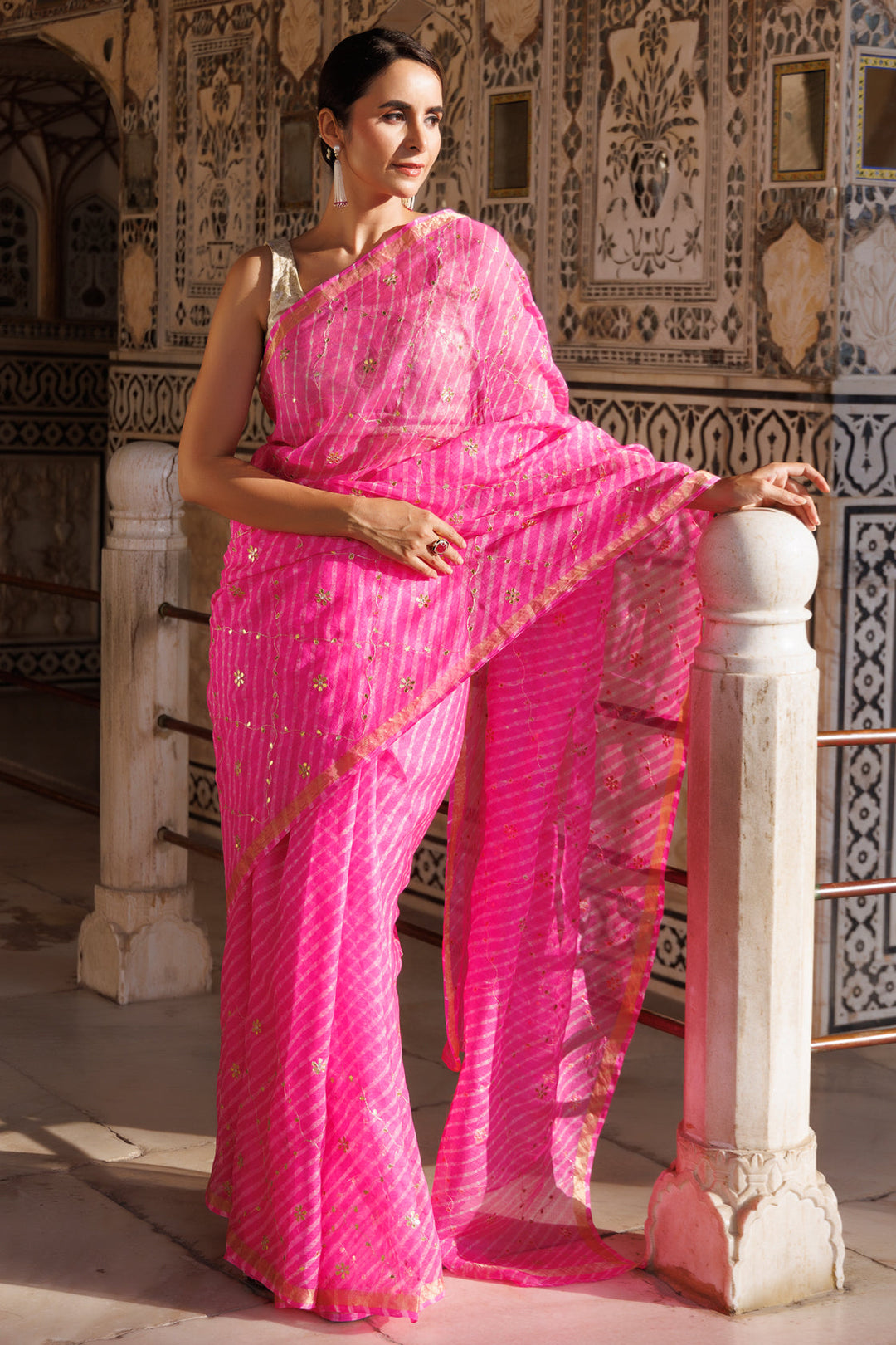 Magenta Pink Hand Embroidered Mothra Pure Kota Silk Saree - Geroo Jaipur