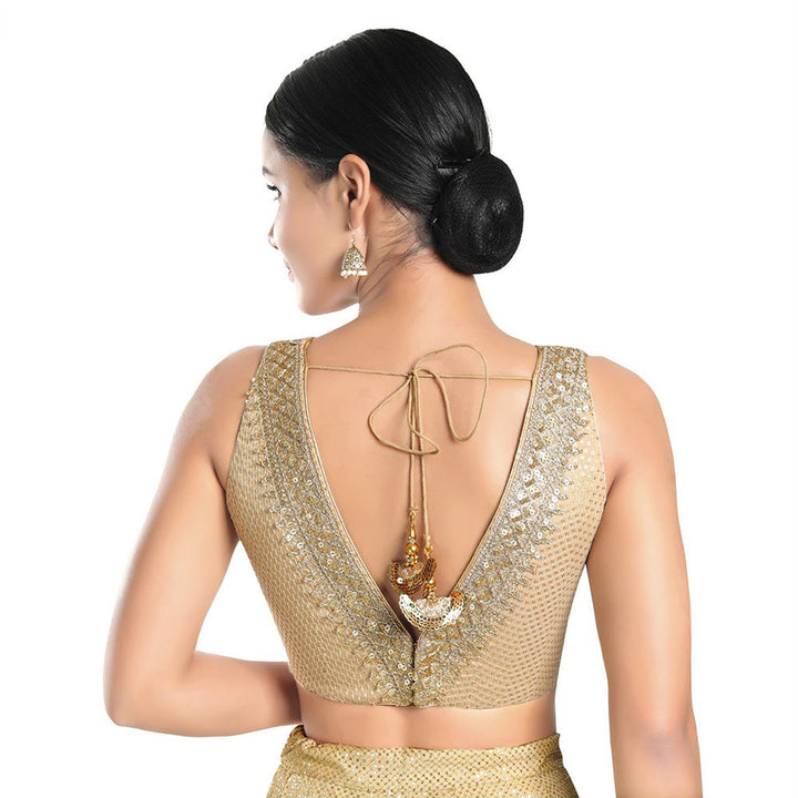 SALWAR STUDIO Women Gold Jain Silk Readymade Saree Blouse