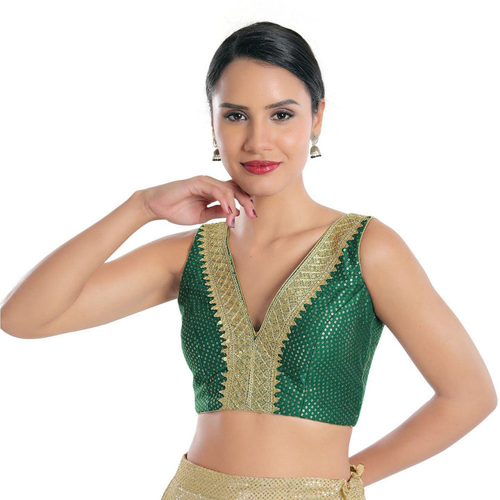 SALWAR STUDIO Women Green Jain Silk Readymade Saree Blouse