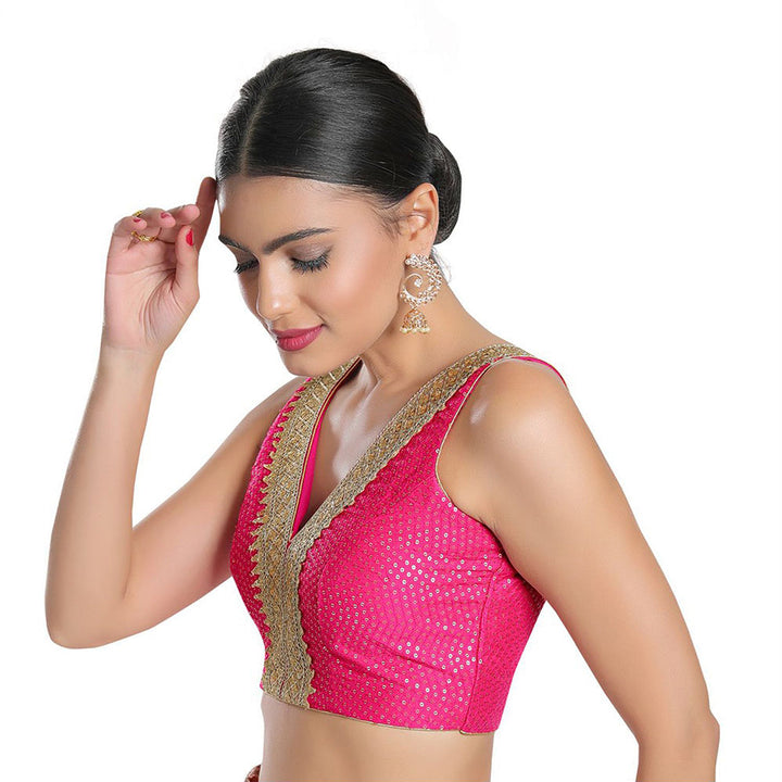 SALWAR STUDIO Women Pink Jain Silk Readymade Saree Blouse