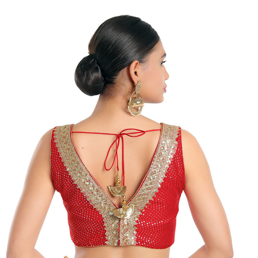 SALWAR STUDIO Women Red Jain Silk Readymade Saree Blouse