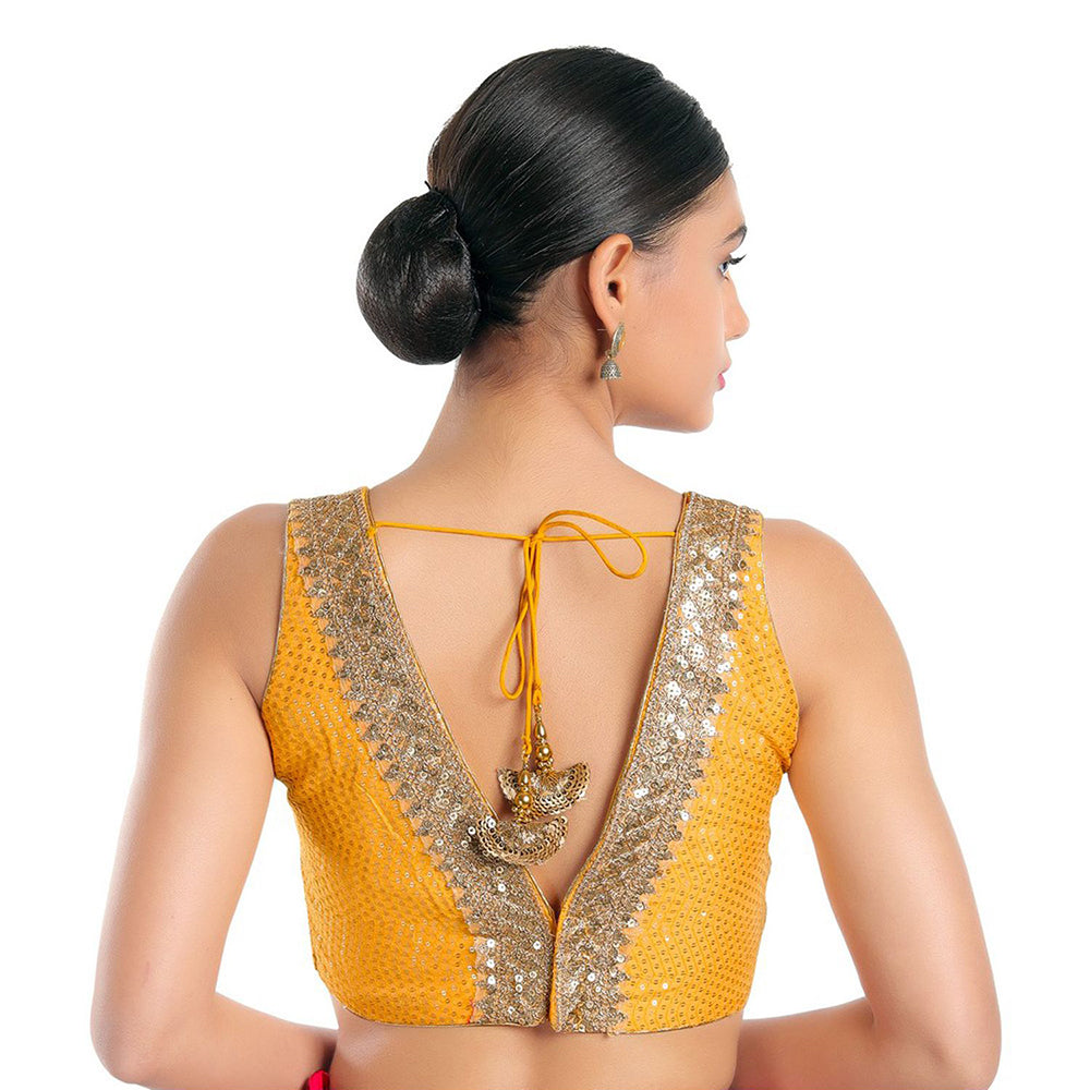 SALWAR STUDIO Women Yellow Jain Silk Readymade Saree Blouse