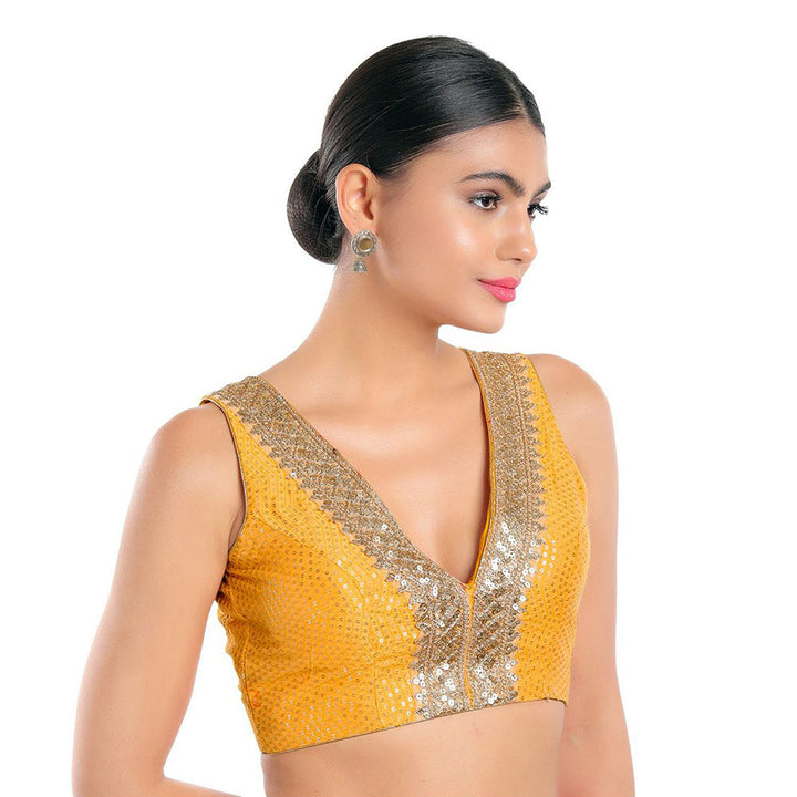 SALWAR STUDIO Women Yellow Jain Silk Readymade Saree Blouse