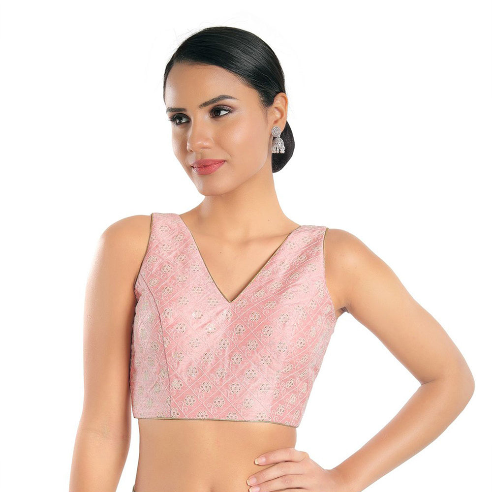SALWAR STUDIO Women Baby Pink Jain Silk Readymade Saree Blouse