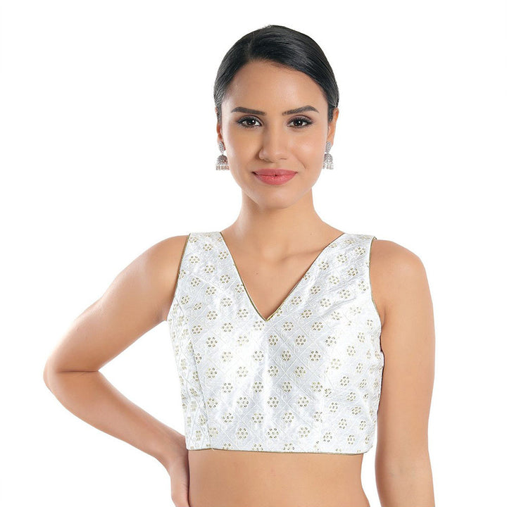 SALWAR STUDIO Women White Jain Silk Readymade Saree Blouse