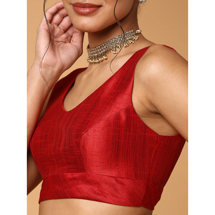 SALWAR STUDIO Women Red Silk Blend Readymade Saree Blouse