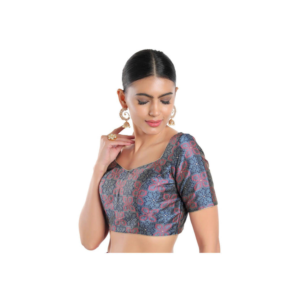 SALWAR STUDIO Women Grey Brocade Readymade Saree Blouse