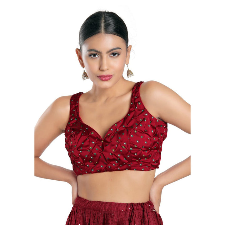 SALWAR STUDIO Womens Maroon Satin Silk Back Open Readymade Saree Stitched Blouse