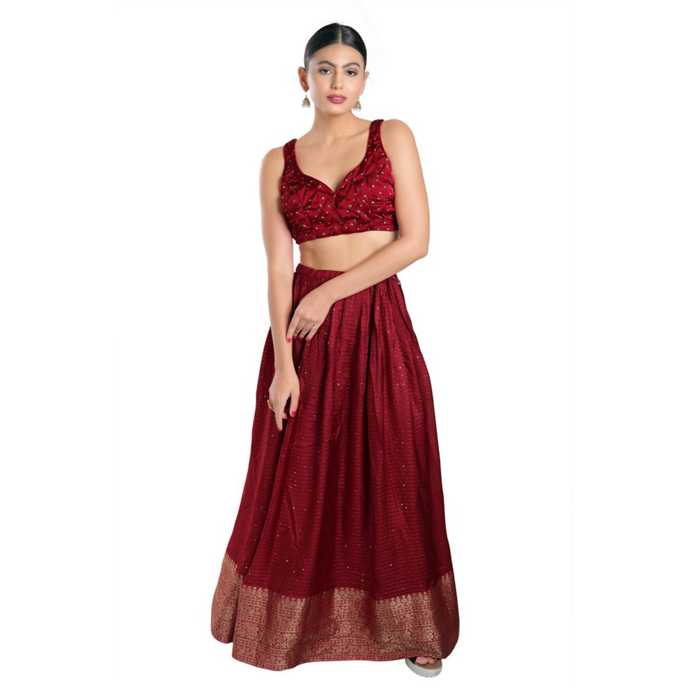 SALWAR STUDIO Womens Maroon Satin Silk Back Open Readymade Saree Stitched Blouse