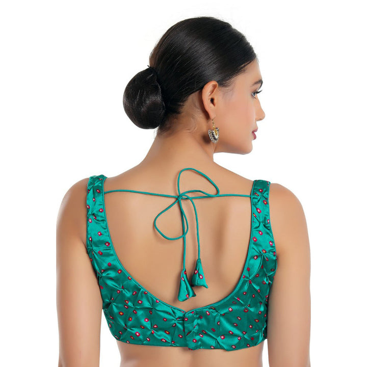 SALWAR STUDIO Womens Rama Green Satin Silk Back Open Readymade Saree Stitched Blouse