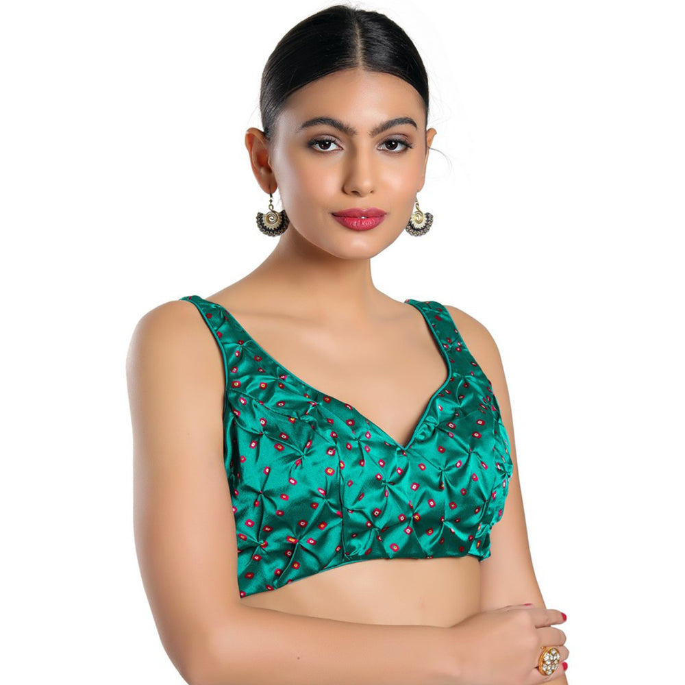 SALWAR STUDIO Womens Rama Green Satin Silk Back Open Readymade Saree Stitched Blouse