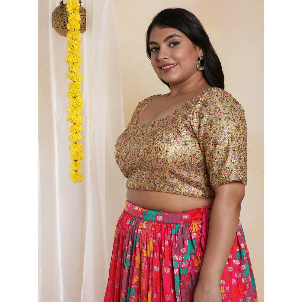 SALWAR STUDIO Women's Gold Multi Net Readymade Saree Blouse