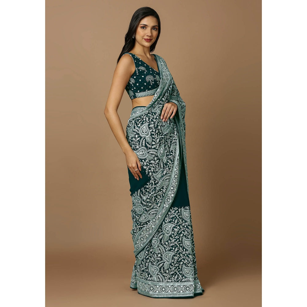 SALWAR STUDIO Womens Teal & White Embroidered Saree without Blouse