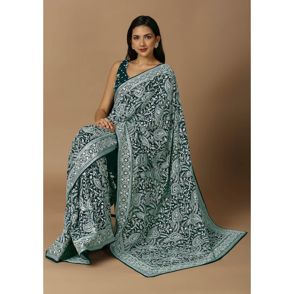 SALWAR STUDIO Womens Teal & White Embroidered Saree without Blouse