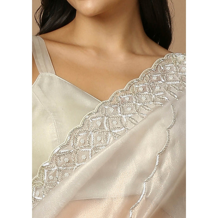 SALWAR STUDIO Womens Off White Embroidered Saree without Blouse