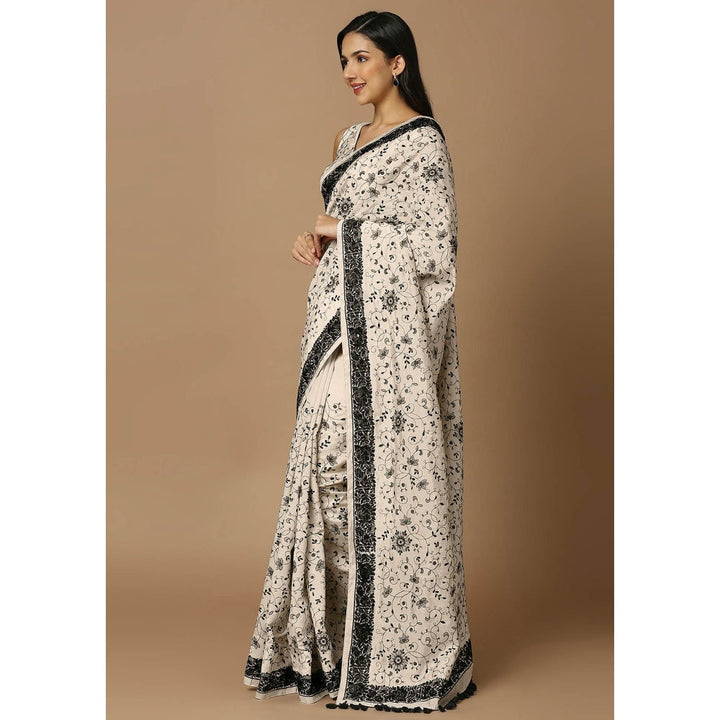 SALWAR STUDIO Womens Off White & Black Embroidered Saree without Blouse