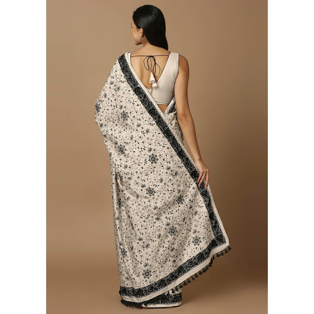 SALWAR STUDIO Womens Off White & Black Embroidered Saree without Blouse