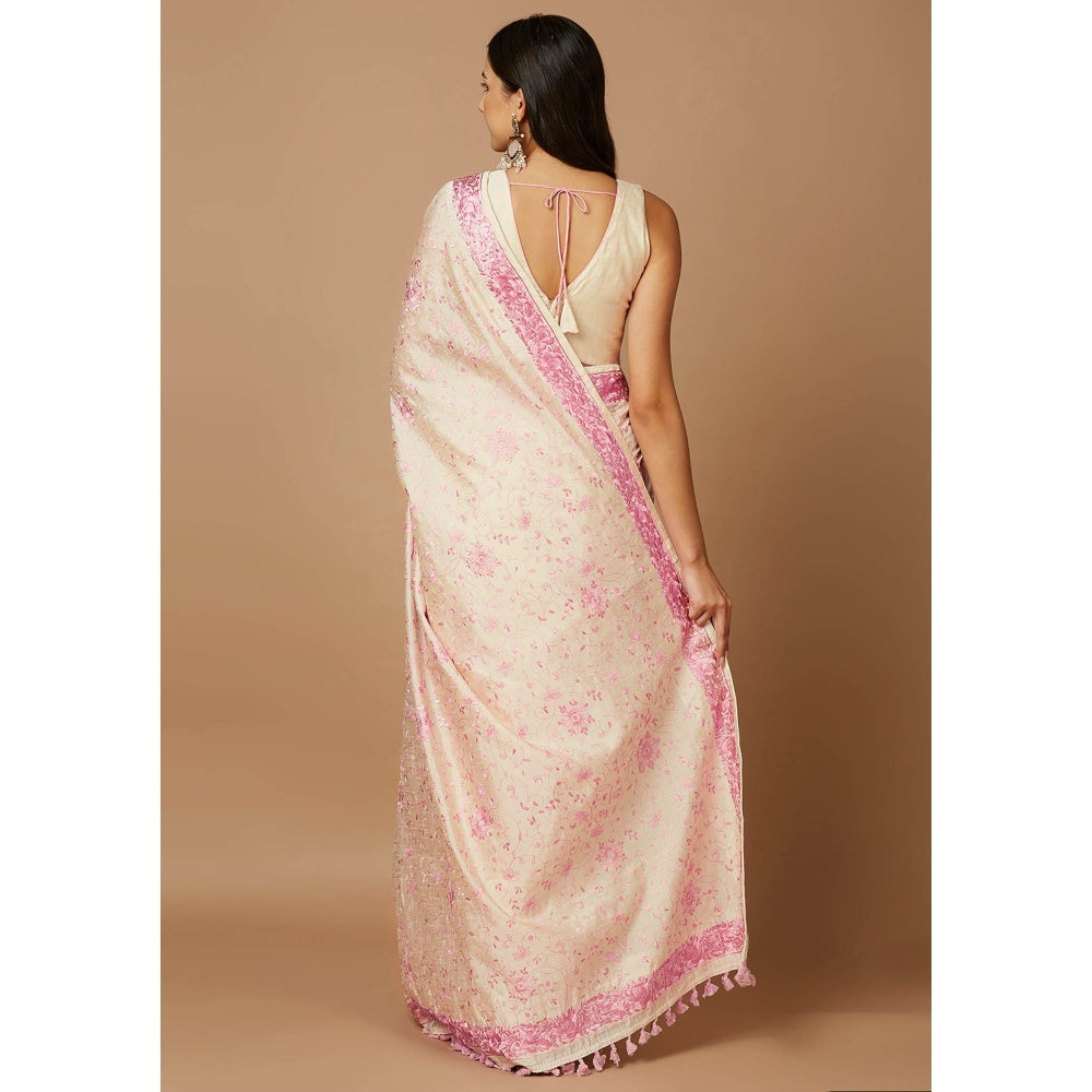 SALWAR STUDIO Womens Off White & Pink Embroidered Saree without Blouse