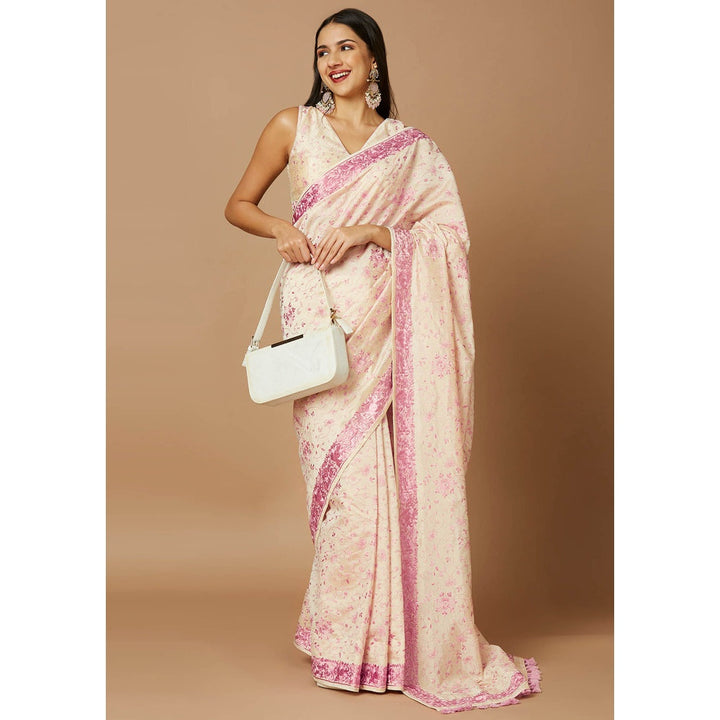 SALWAR STUDIO Womens Off White & Pink Embroidered Saree without Blouse