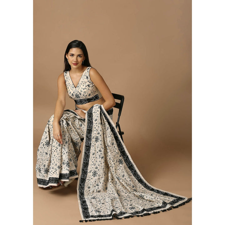 SALWAR STUDIO Womens Off White & Black Embroidered Stitched Blouse