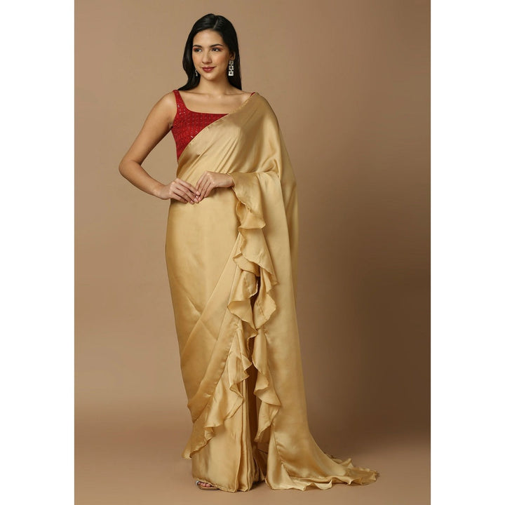 SALWAR STUDIO Womens Gold Solid Pre Draped Saree