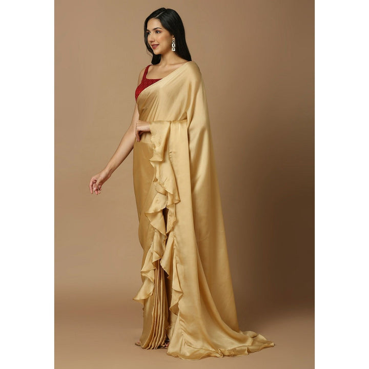 SALWAR STUDIO Womens Gold Solid Pre Draped Saree