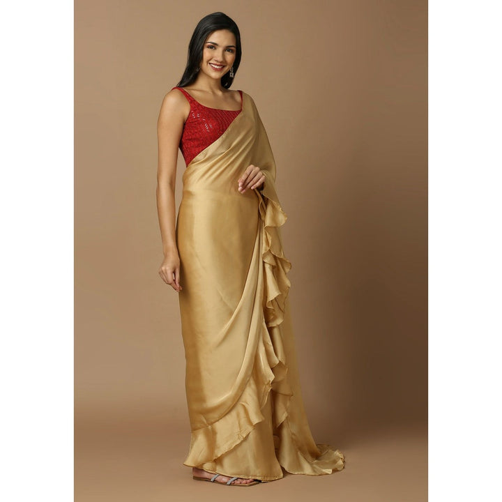 SALWAR STUDIO Womens Gold Solid Pre Draped Saree