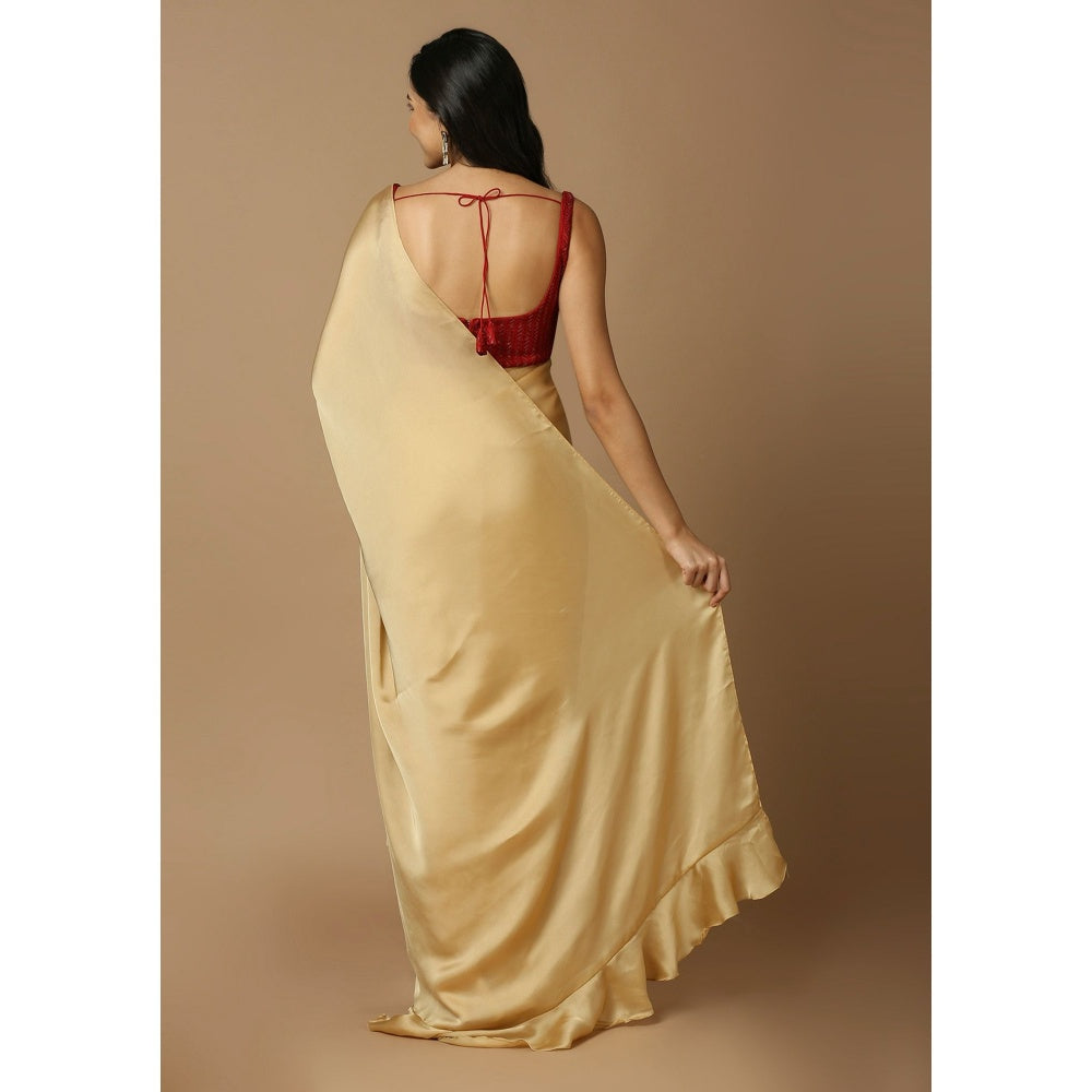 SALWAR STUDIO Womens Gold Solid Pre Draped Saree