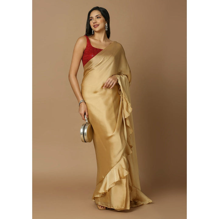 SALWAR STUDIO Womens Gold Solid Pre Draped Saree