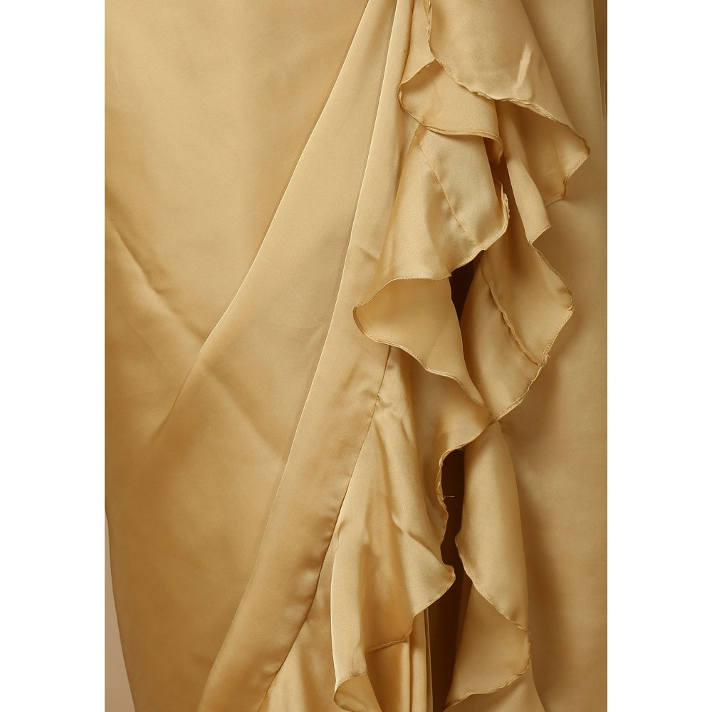 SALWAR STUDIO Womens Gold Solid Pre Draped Saree