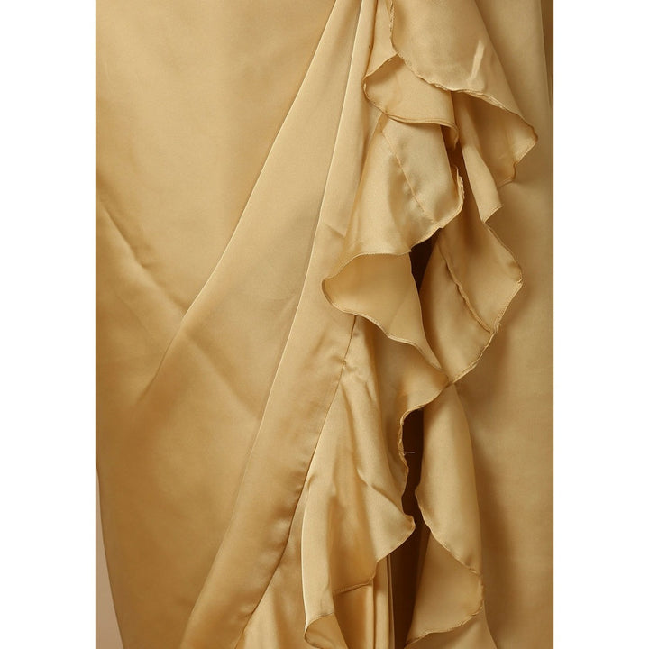 SALWAR STUDIO Womens Gold Solid Pre Draped Saree