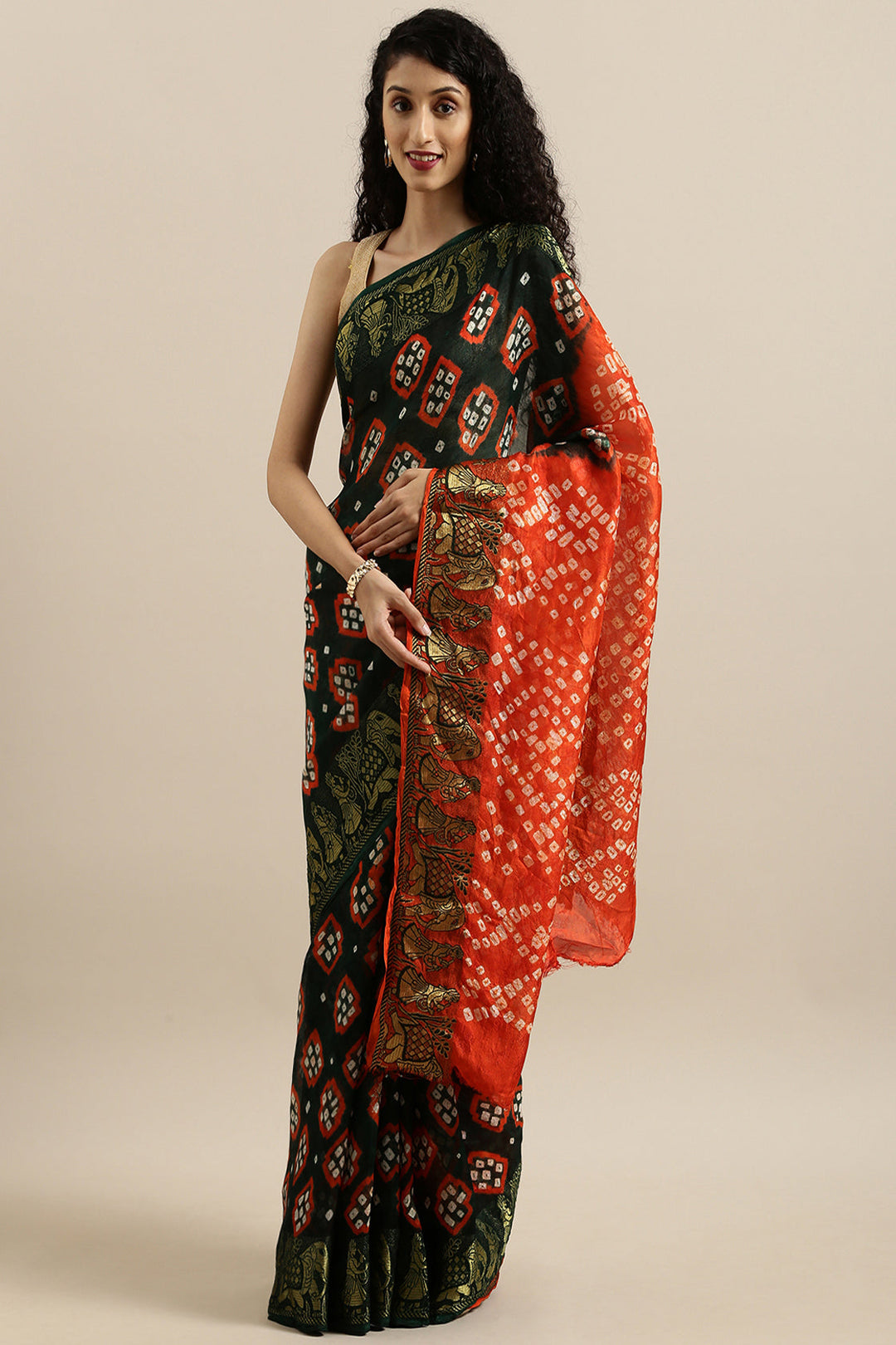 Green Handcrafted Jacquard Fabric Bandhani Saree - Geroo Jaipur