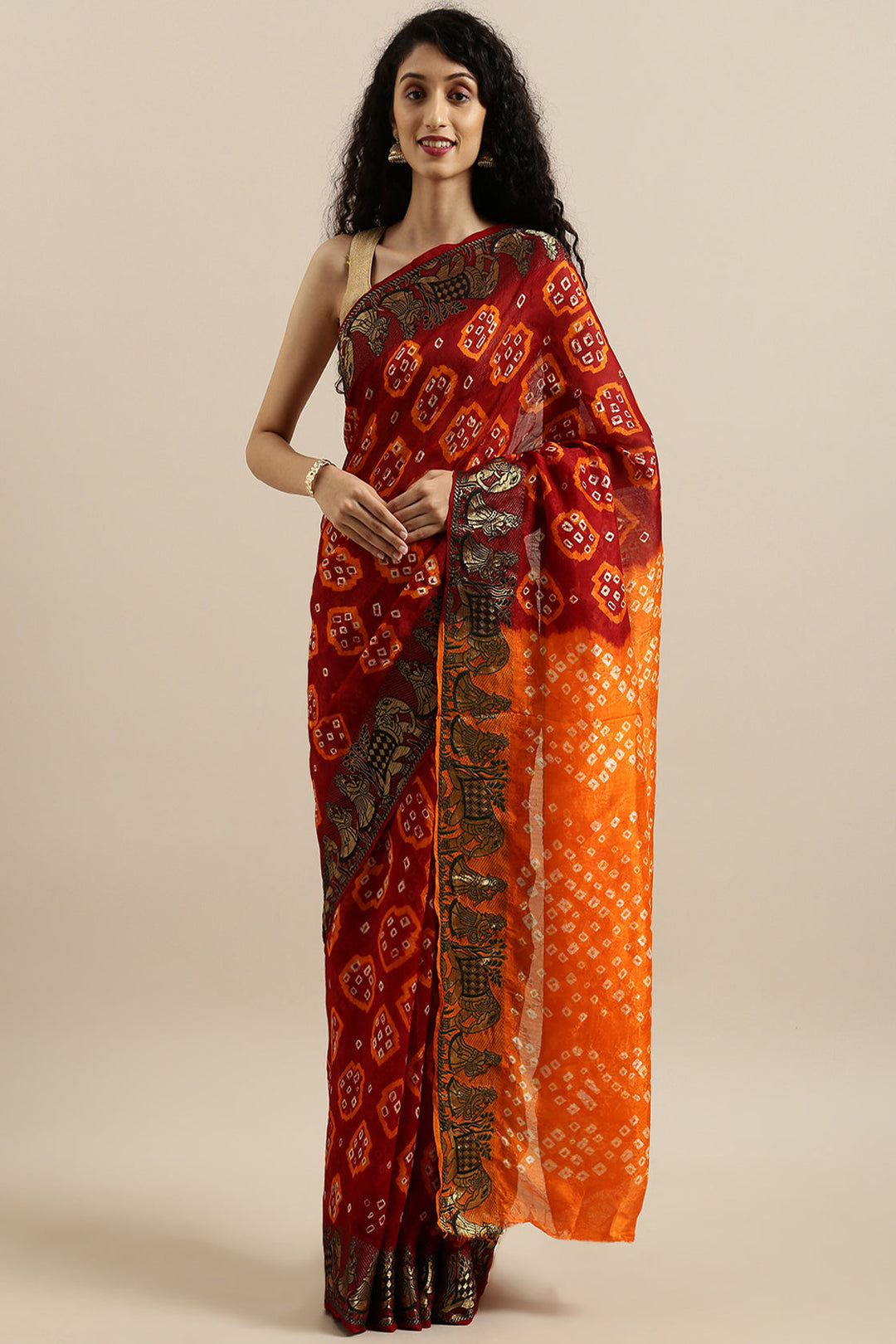 Red Silk Jacquard Fabric Handcrafted Bandhani Saree - Geroo Jaipur