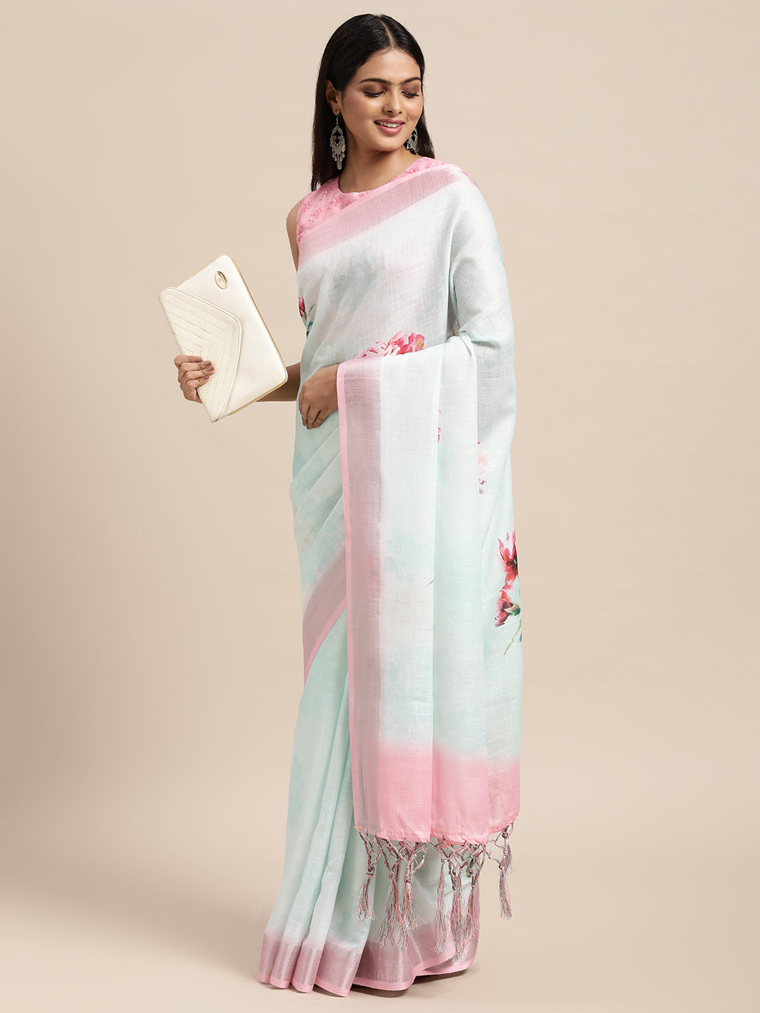 Sea Green Linen Blend Printed Saree With Blouse Piece